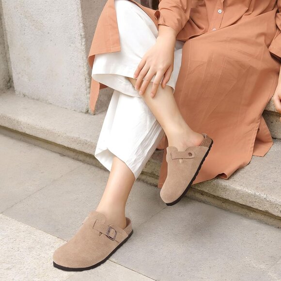 Women's Taupe Genuine Suede Clogs Soft Footbed Leather Comfort Slip On Shoes - Picture 2 of 6